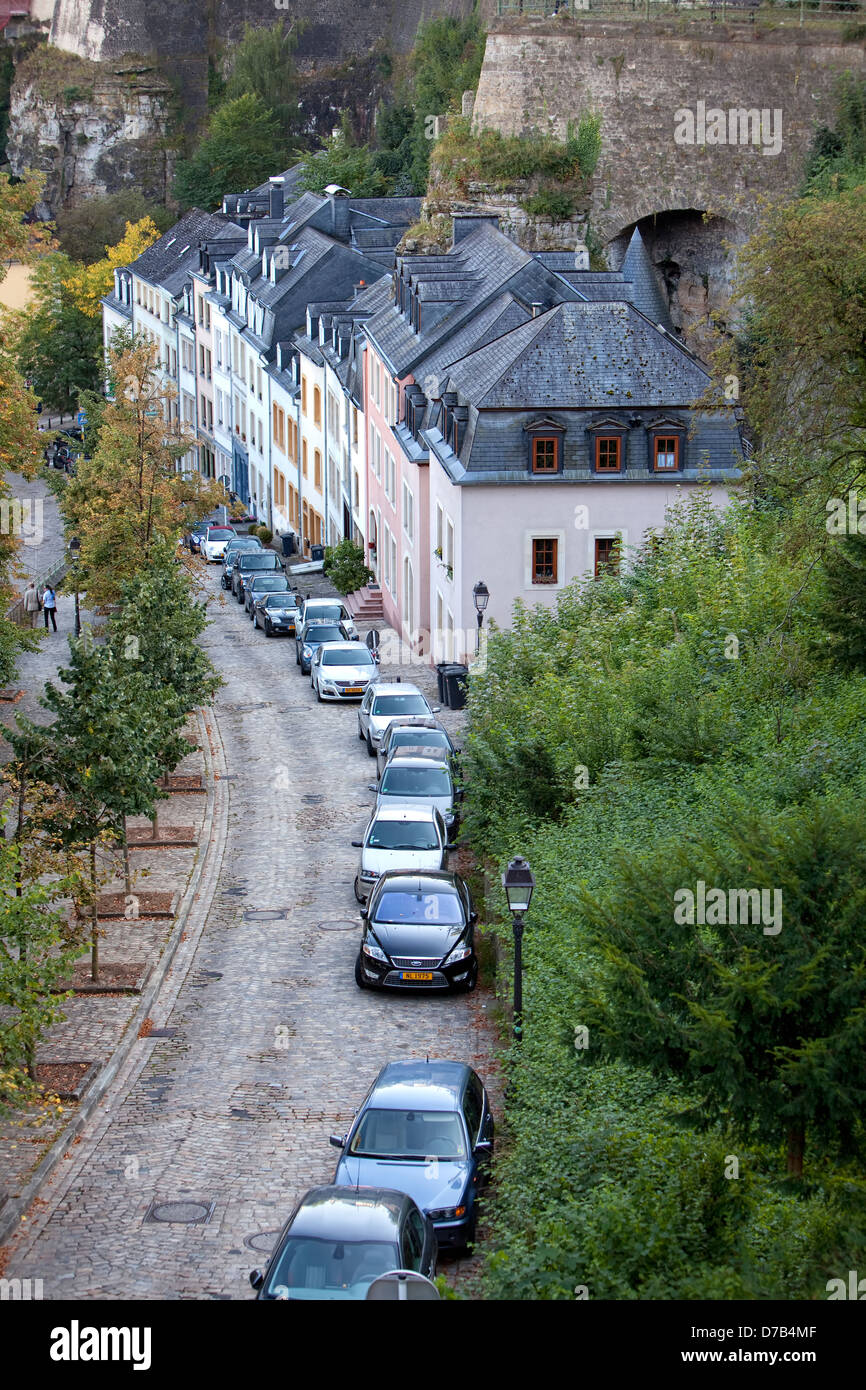 View of the houses and streets of the lower town, Grund, seen from the Corniche, Luxembourg, Europe Stock Photo