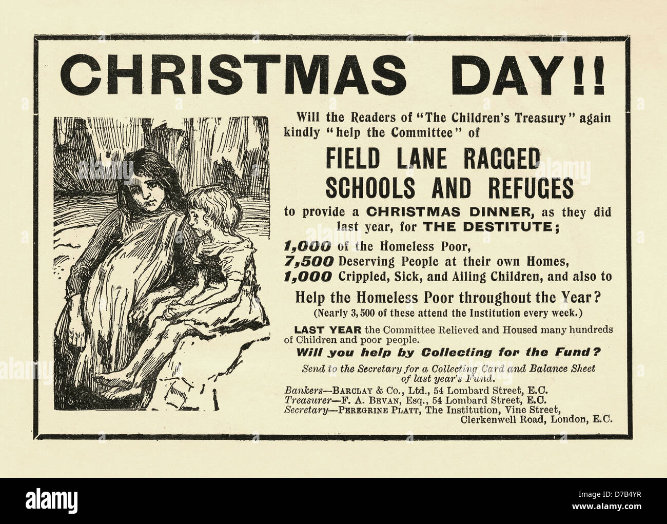 1910 advert for charitable donations in aid of a Christmas day dinner and relief and housing for destitute and homeless children Stock Photo