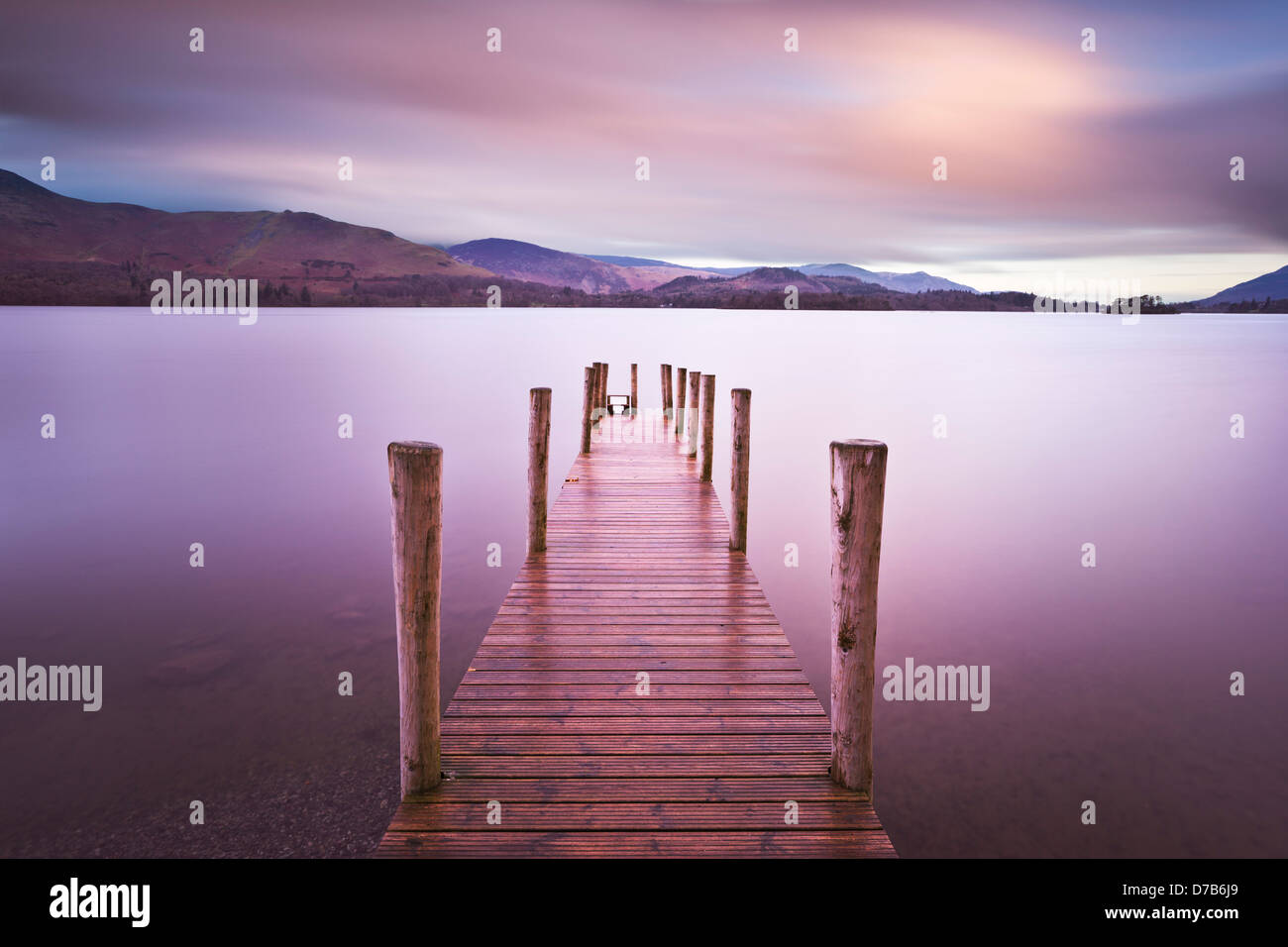 Ferry landing stage on Derwent water early morning Borrowdale near Keswick  Lake District Cumbria England UK GB Europe Stock Photo