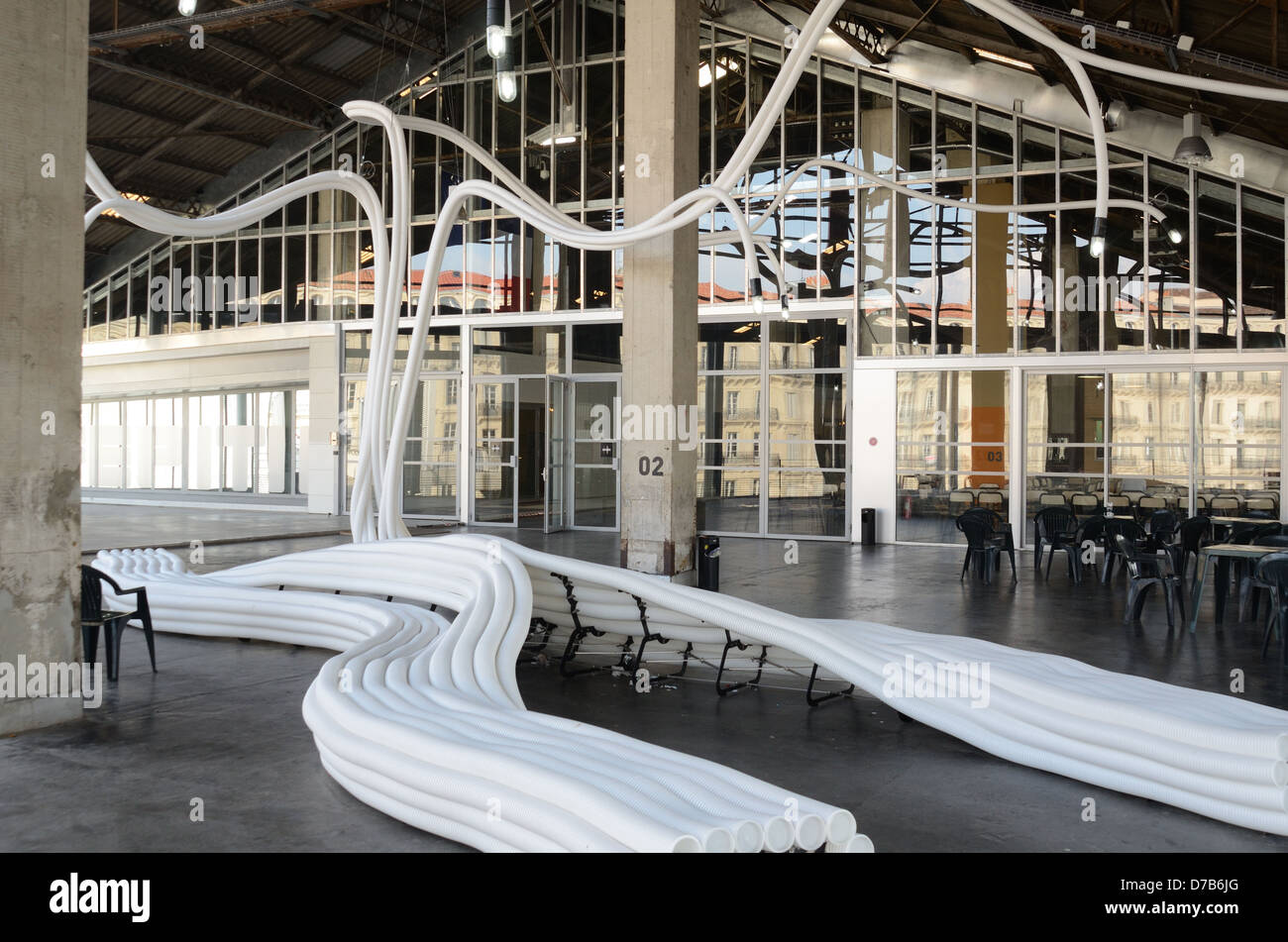 Tube Bench Made of Plastic Tubing at the Entrance to the J1 Exhibition Hall or Gallery Marseille France Stock Photo