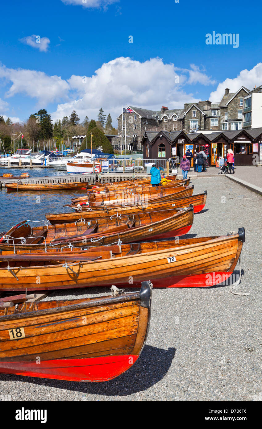 Rowing boats by the side of Lake windermere at Bowness on windermere Cumbria Lake district England UK GB EU Europe Stock Photo