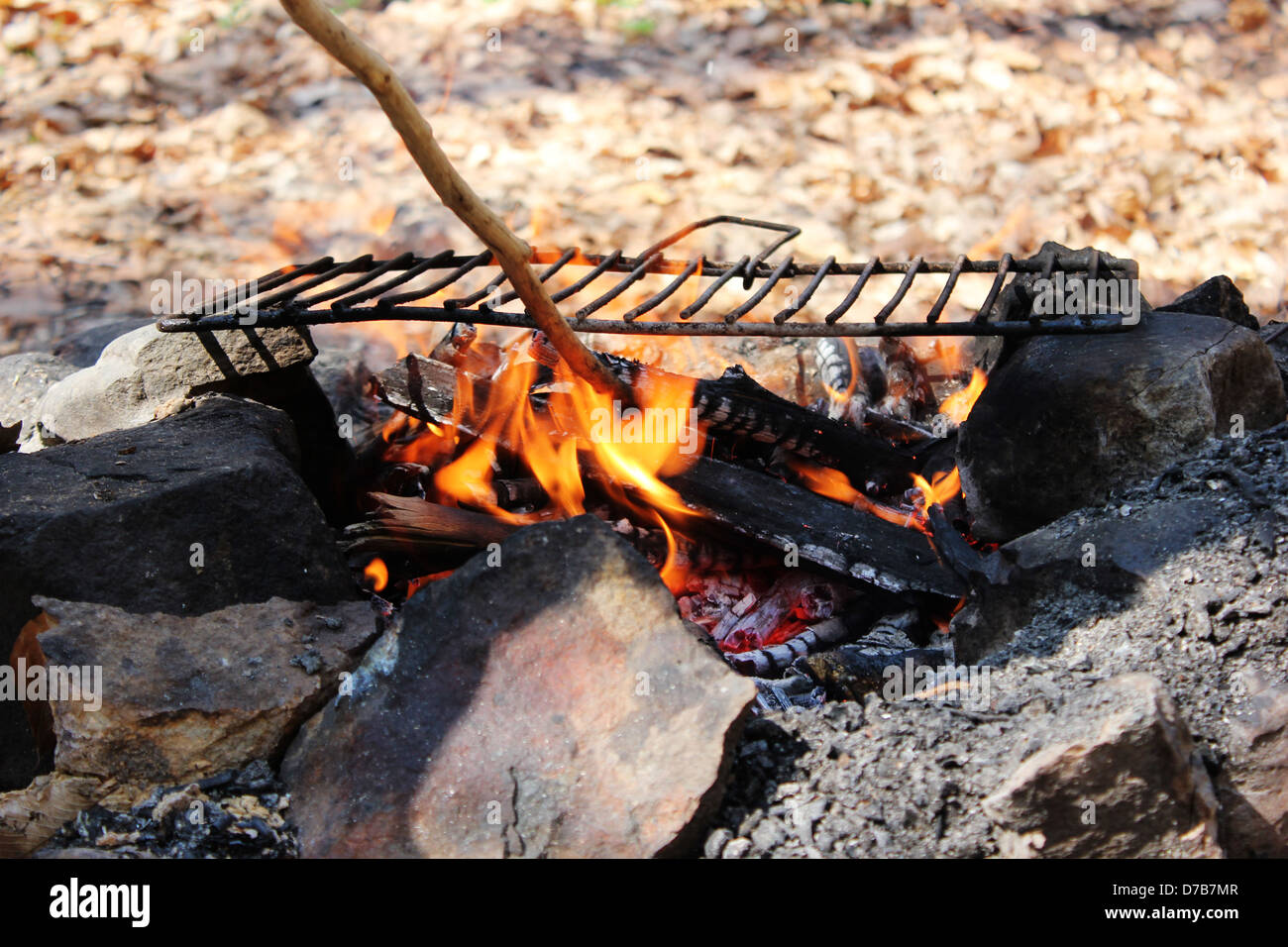 Barbecue fire BBQ coal fire iron grill Stock Photo