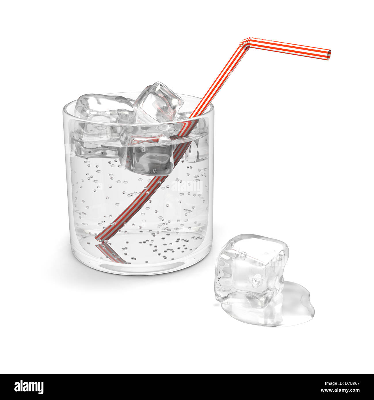 Glass of sparkling water with ice and straw isolated on white ...