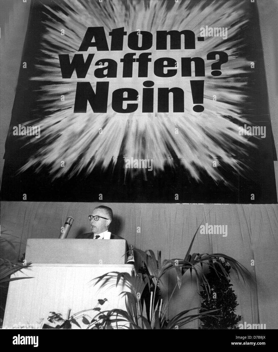Delegate of the Bundestag Gustav Heinemann gives a speech at a rally of the SPD on the 19th of April in 1958 in Frankfurt am Main. Round 4,000 people participated in the event, which had the motto 'Nuclear armament is a deadly experiment'. Stock Photo