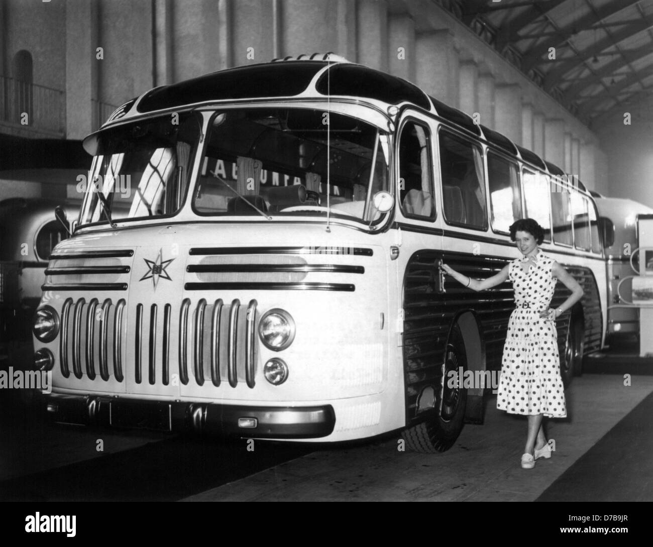 Picture of a fully air-conditioned travel bus which is presented at the IAA in Frankfurt am Main in 1955. Stock Photo
