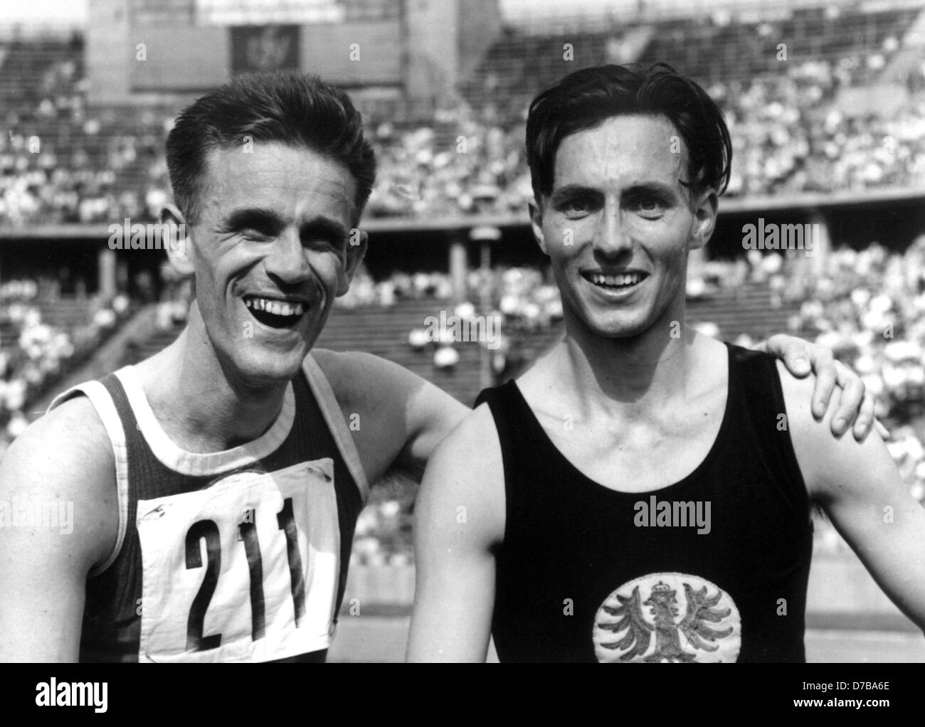 Hurdler Wolfgang Trossbach (r) from Berlin and Hans Zerpenick (l) from Osnabrueck during the German Championships in Athletics 1952 in Berlin. Stock Photo