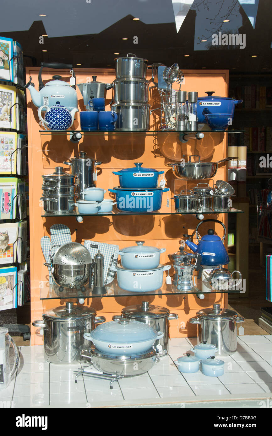 Pots, pans and other kitchen utensils in a shop window. UK, 20 ...