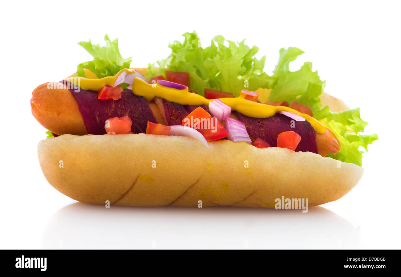 Hot Dog bacon with tomato , onions , lettuce, mustard and ketchup