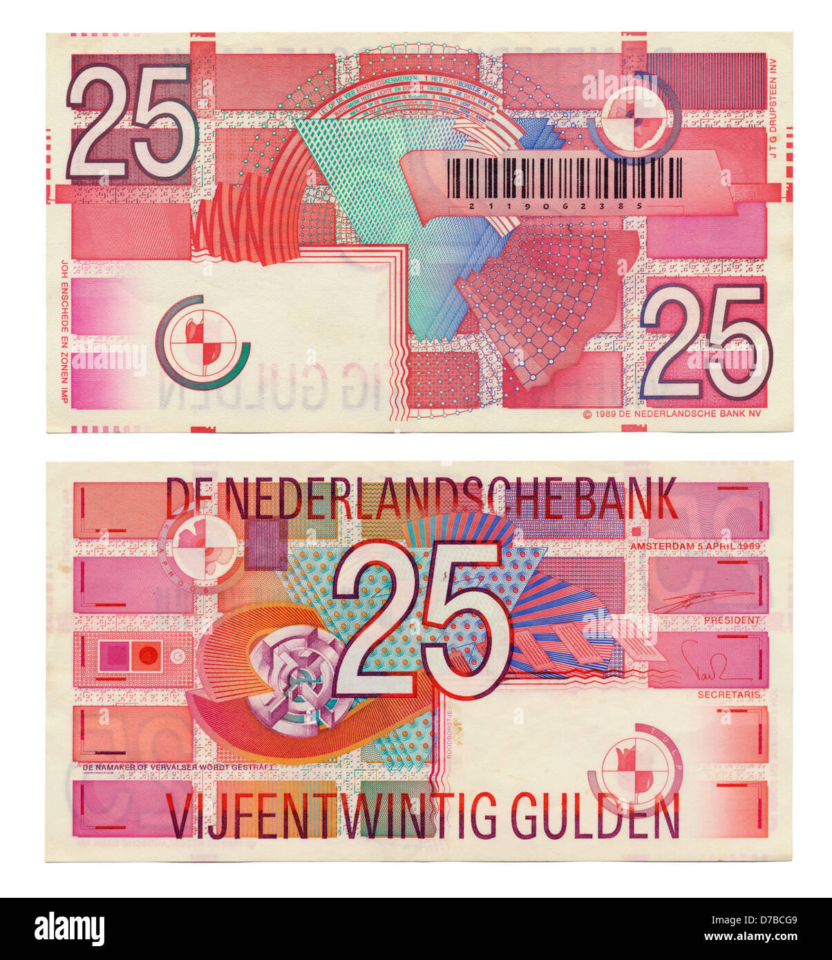 Two sides Dutch 25 Gulden (Gilder) money note printed in 1989. Dutch guilder (Dutch: gulden IPA: [???ld?(n)]; sign: ƒ or fl.) Stock Photo