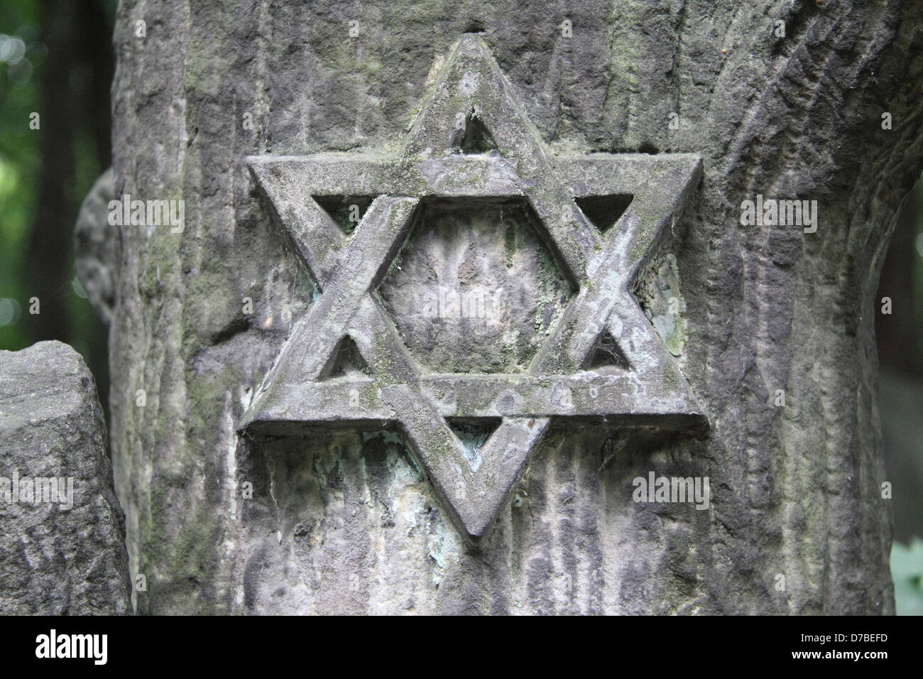 Magen David (Shield of David) symbolic sign on a tombstone at Jewish Cemetery in Warsaw, Poland Stock Photo