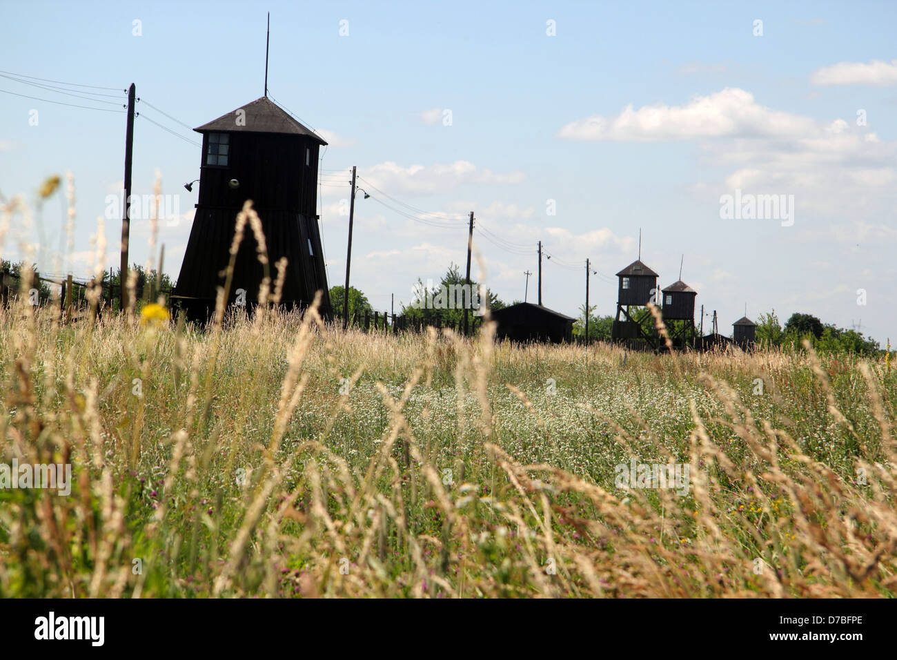 Guards' towers at Majdanek Extermination Camp, on the outskirt of Lublin, Poland Stock Photo