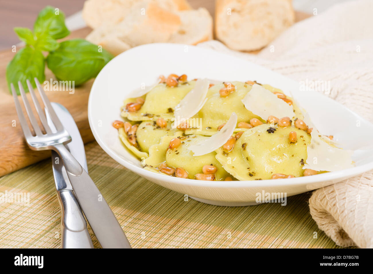 Ravioli Italian egg and spinach pasta with basil, ricotta and pine