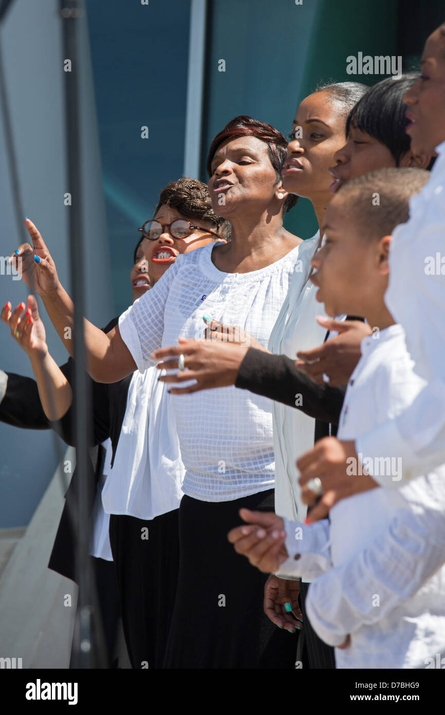 Warren, Michigan, USA. The Life Appreciation Ministries Christian Church choir sings at the annual National Day of Prayer observance at city hall. Credit:  Jim West / Alamy Live News Stock Photo