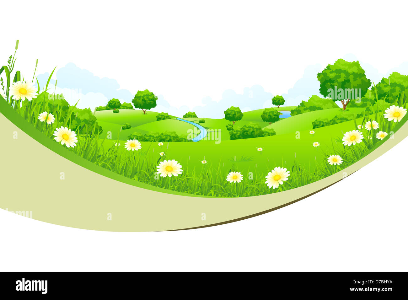 Green Landscape with Hills, Trees, Flowers and Clouds isolated on white ...