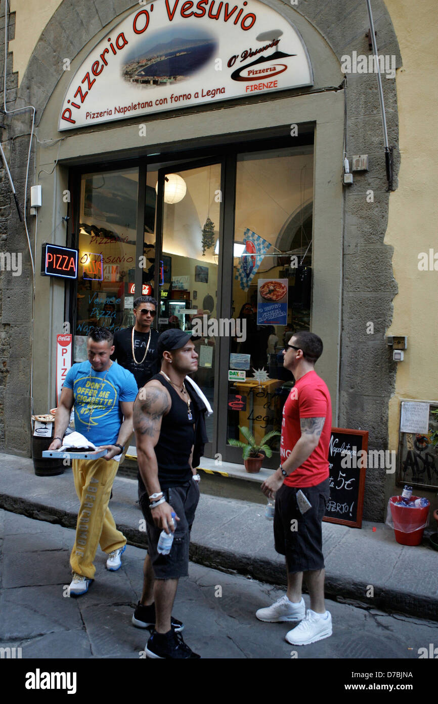 DJ Pauly D, Mike 'The Situation' Sorrentino, Vinny Guadagnino and Ronnie Ortiz-Magro The cast of 'Jersey Shore' visit a pizza shop where they will work while living in Florence Florence, Italy - 18.05.11 Stock Photo