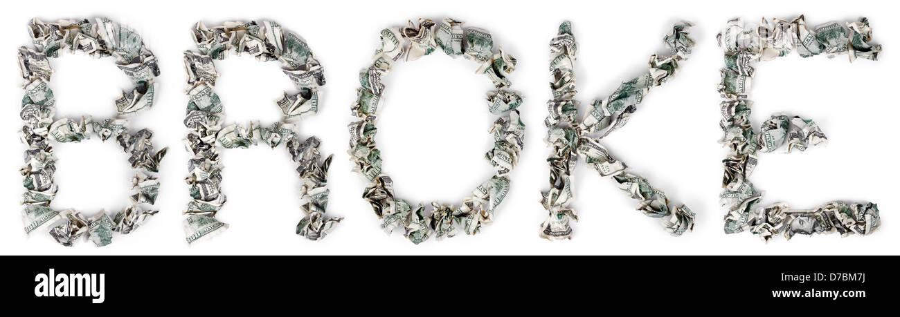 The word 'broke', made out of crimped 100$ bills. Isolated on white background. Stock Photo