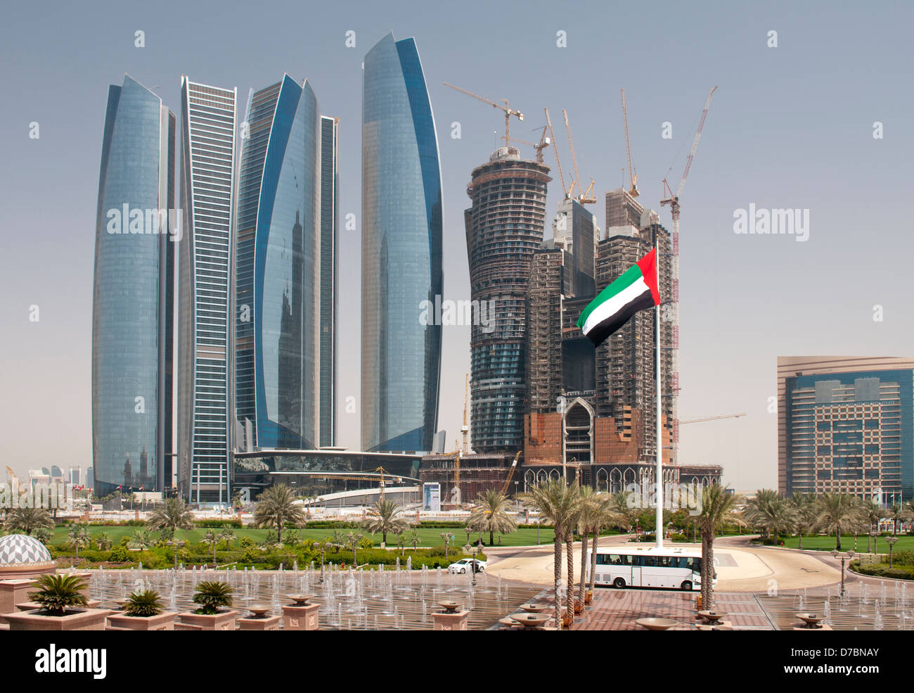 View from Emirates Palace of construction of Etihad Towers in Abu Dhabi, UAE Stock Photo