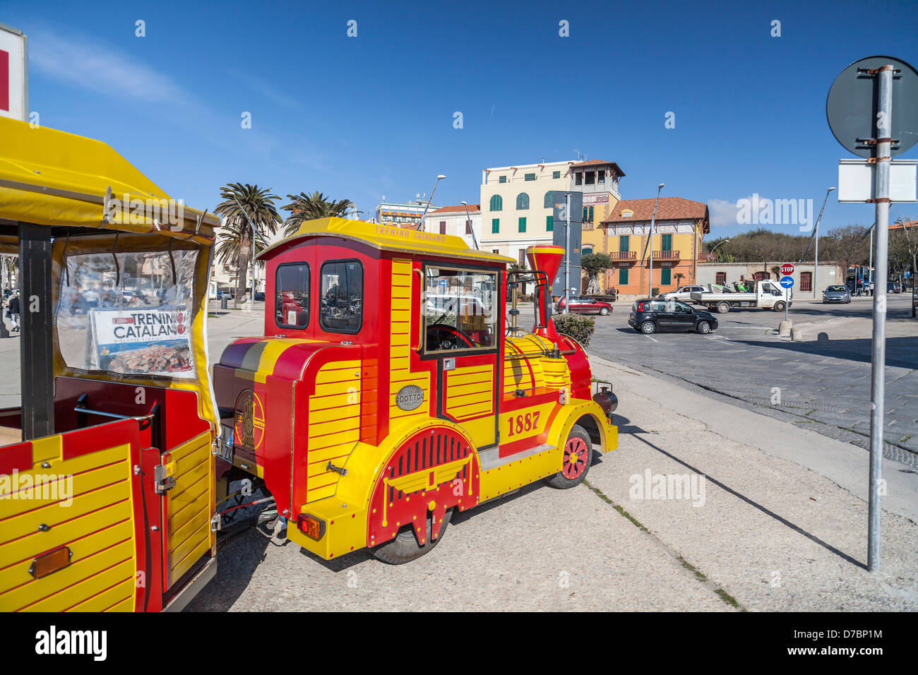 Trenino catalano, tourist city train in Alghero, Sardinia Stock Photo ...