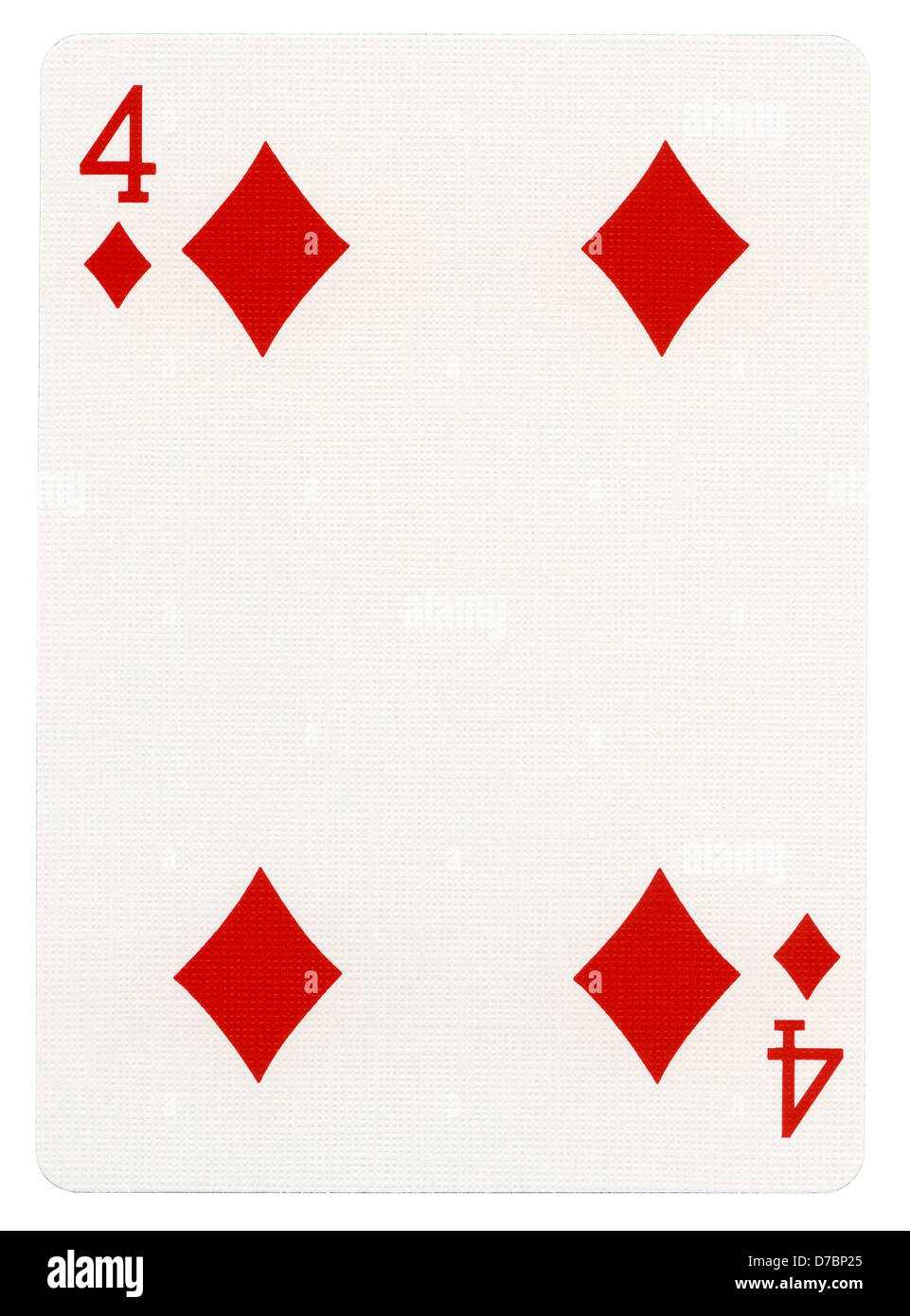 Four of diamonds playing card, isolated on white background. Scanned at