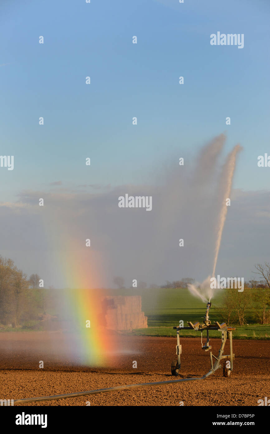 water cannon irrigating seeds in field during drought spell in hot summer south milford yorkshire uk Stock Photo