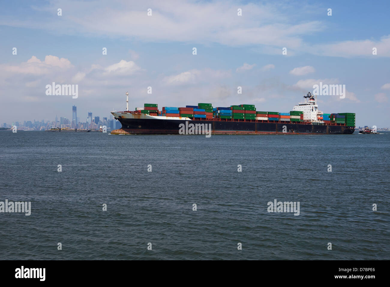 Container Ship Arriving On Upper Bay Between Staten Island And Manhattan;New York City New York Usa Stock Photo