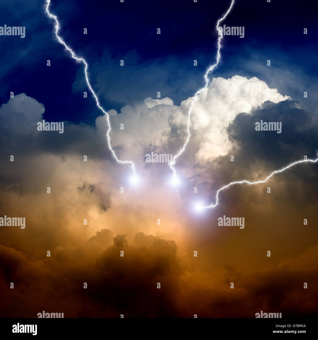 Dramatic background - lightnings in sunset sky with dark clouds Stock Photo