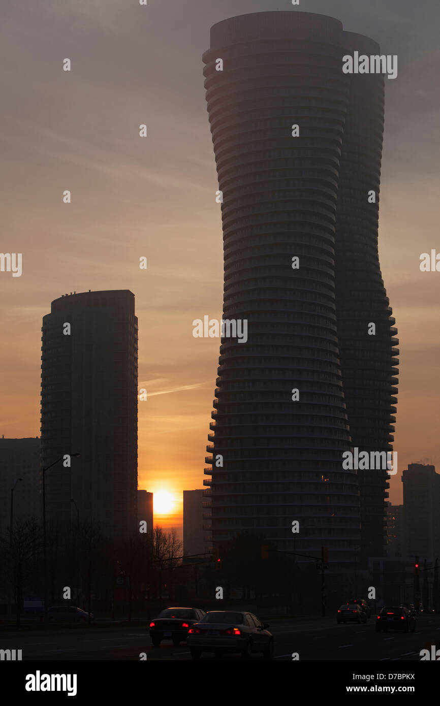Morning Fog Shrouds The Absolute World Condominium Towers By Yansong Ma;Mississauga Ontario Canada Stock Photo