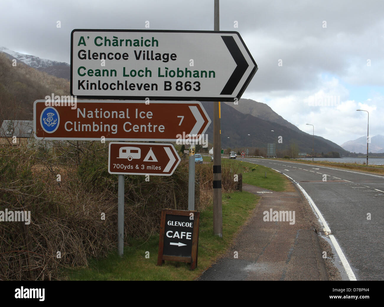 Bilingual sign to Glencoe village Scotland April 2013 Stock Photo