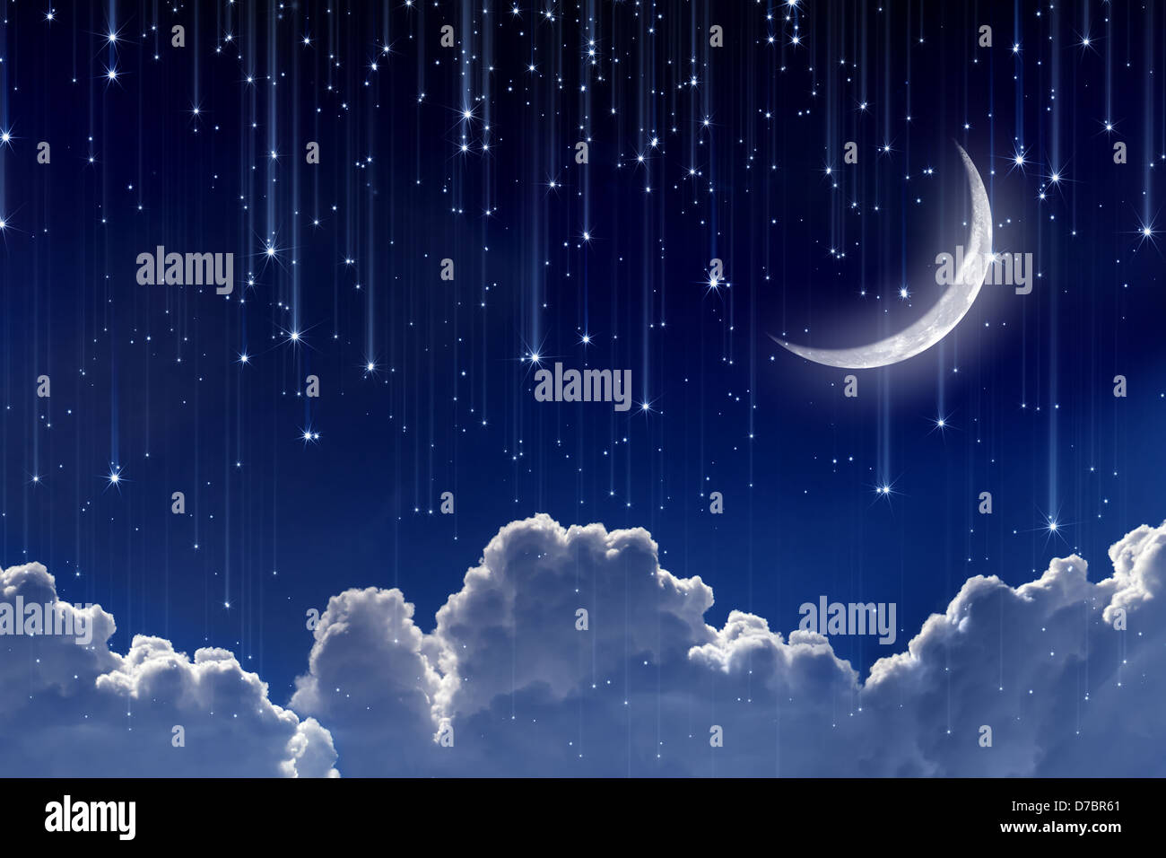 Peaceful background, night sky with moon, stars, beautiful clouds ...