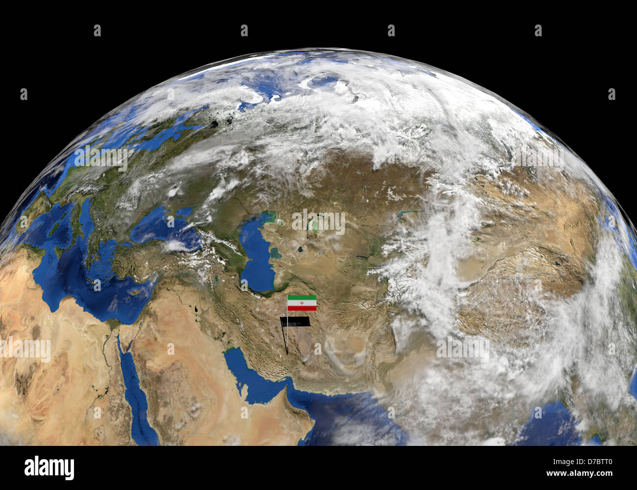 Iran flag on pole on earth globe illustration Stock Photo