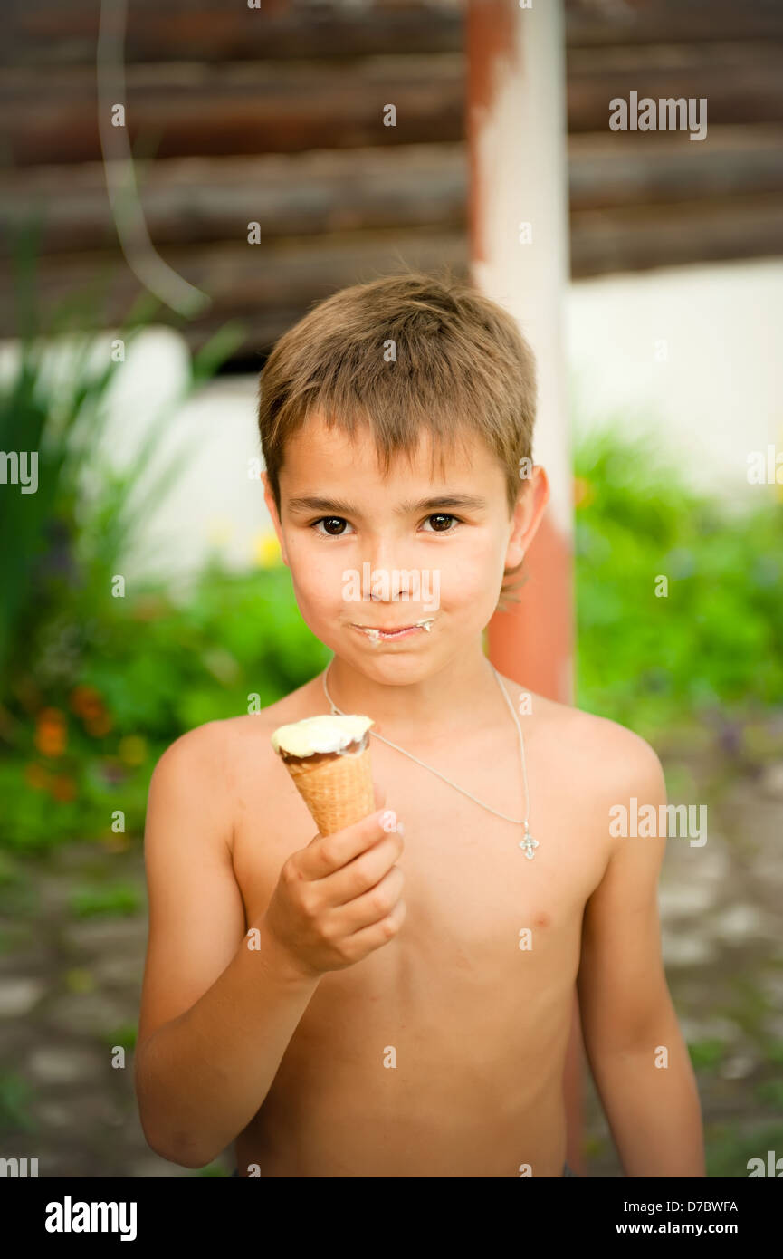 Boy enjoying ice cream Stock Photo