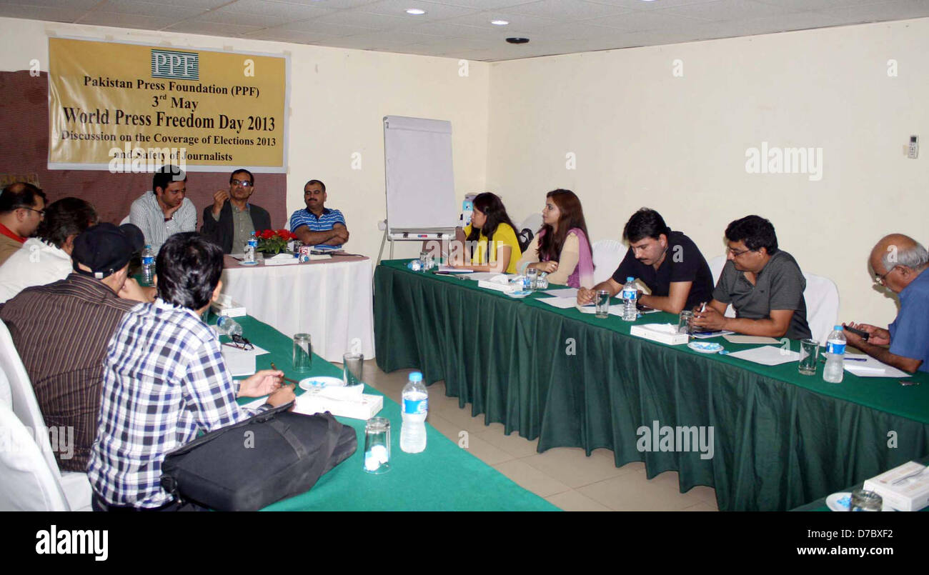 Pakistan Press Foundation Chairman, Owais Ali Aslam addresses to guests during a conference in connection of World Press Freedom Day organized by PPF held in local hotel in Karachi on Friday, 3rd May 2013, 2013. Stock Photo