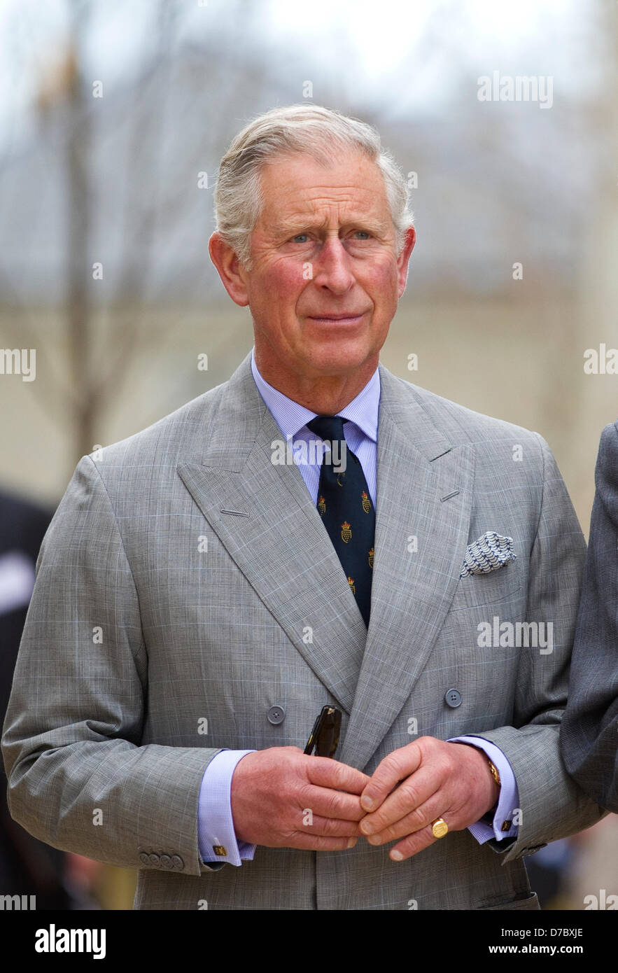 Photo:Jeff Gilbert. Poundbury, Dorset, England, UK. 3rd May, 2013. Prince Charles on a tour of the Dorset village as part of his 20th Anniversary visit to Poundbury which he developed near Dorchester, South West England. Stock Photo