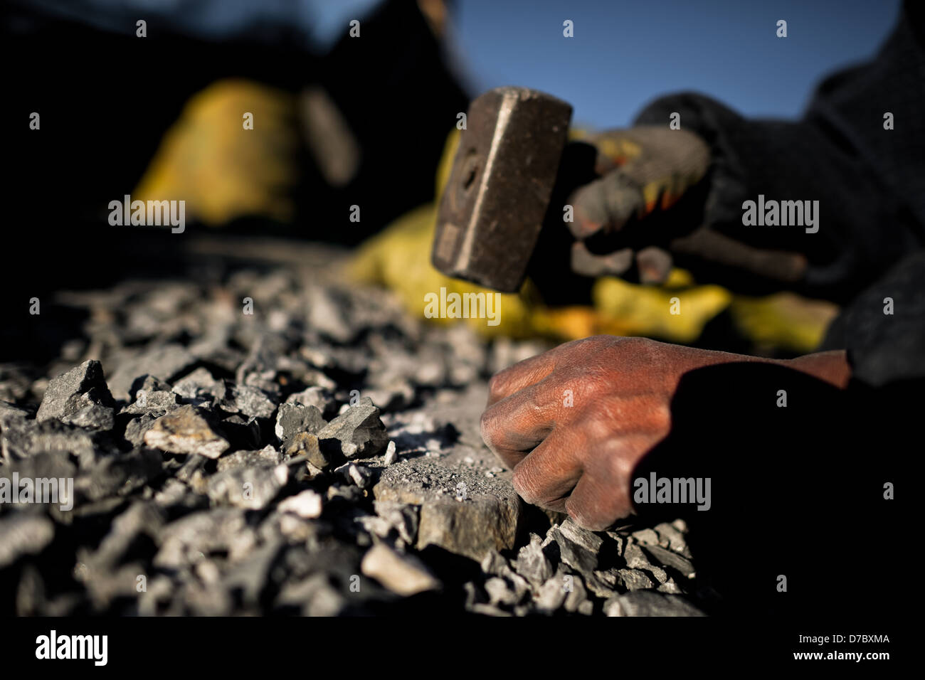 A woman miner grinds the gold ore bearing rock with a hammer in the gold mines of La Rinconada, Peru. Stock Photo
