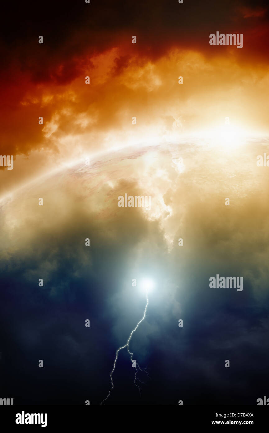 Dramatic background - planet earth in dark sky, bright sun, lightning. 2012 mayan apocalypse. Countdown to armaggedon. Stock Photo
