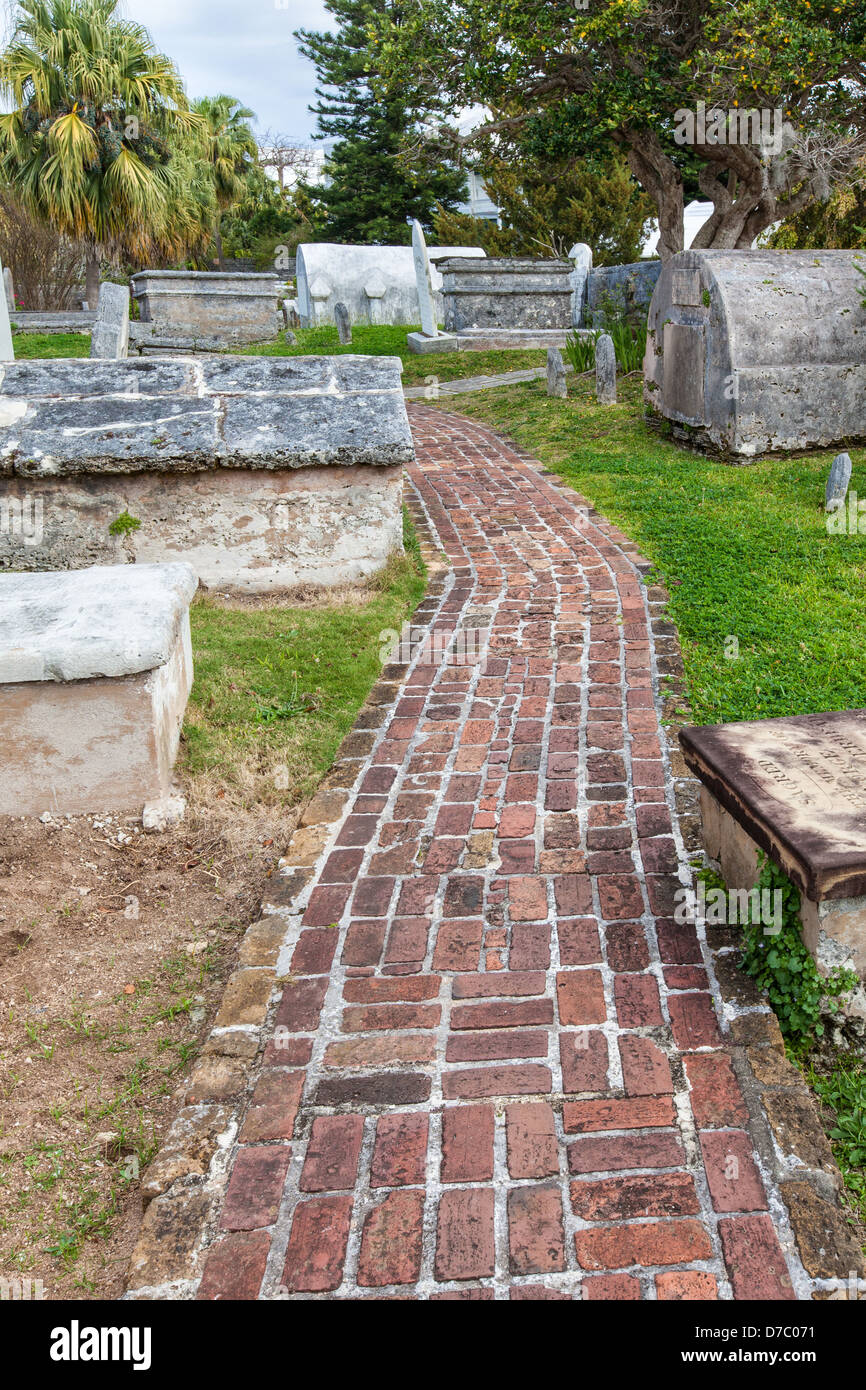 Ancient cemetery at St. Peter's Church, in St. George's, Bermuda. Stock Photo