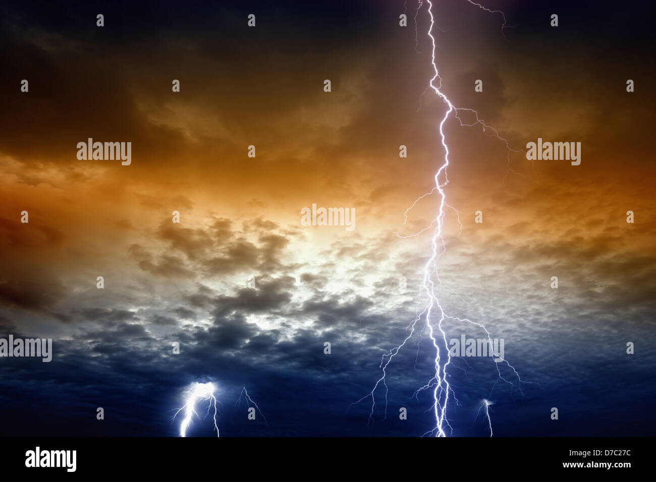 Dramatic background - lightnings in sunset sky with dark red and blue ...