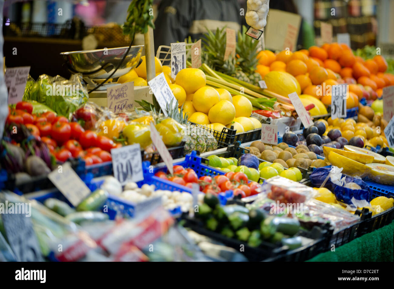 A fruit and vegetable stall in Cardiff Market Stock Photo Alamy