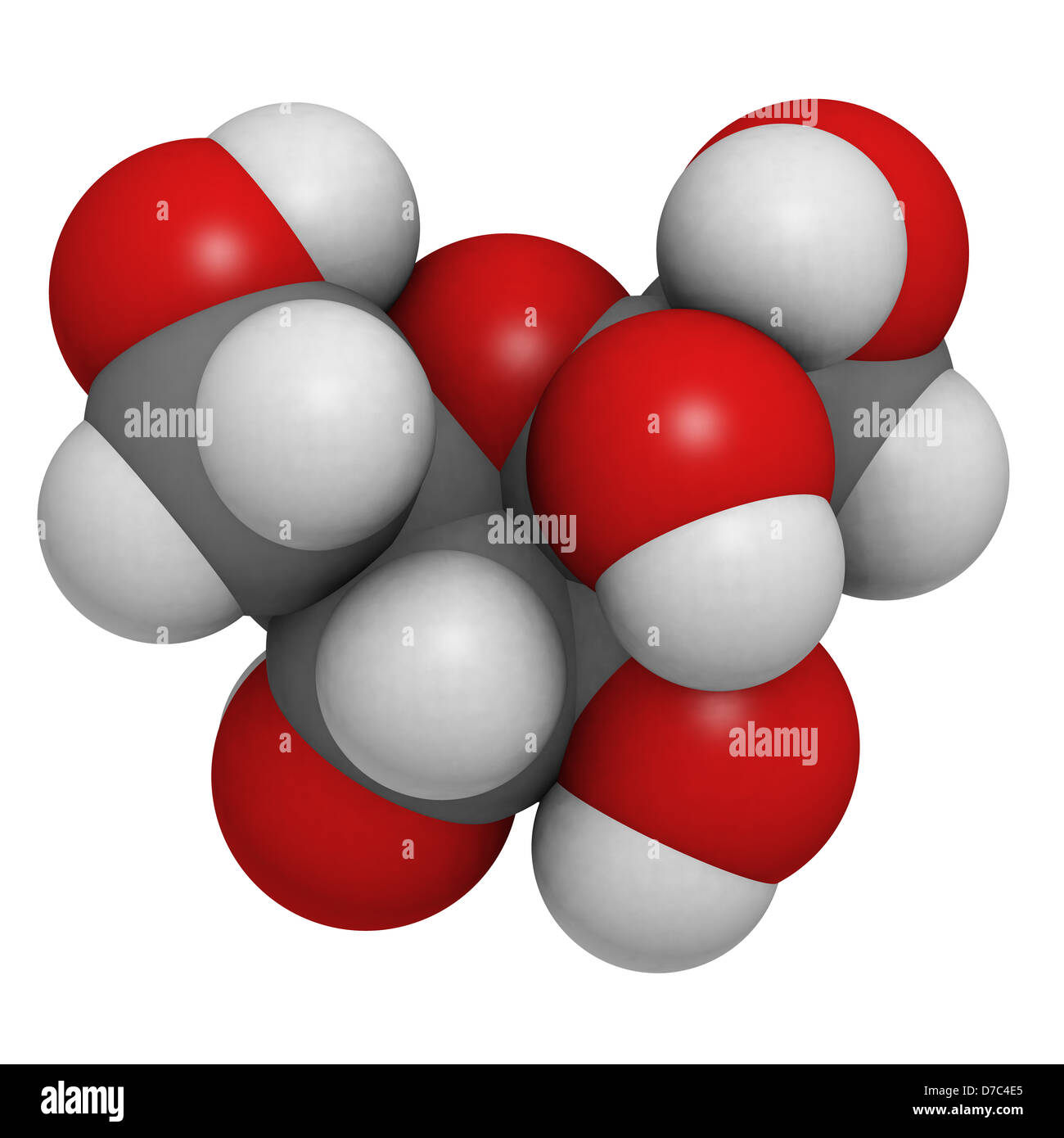 Fructose fruit sugar molecule, chemical structure. Atoms are represented as spheres with conventional color coding Stock Photo