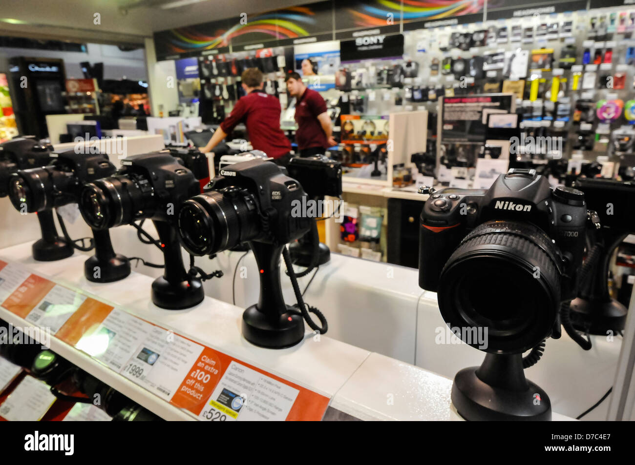 Cameras on sale in a Dixons Travel airport shop. Stock Photo