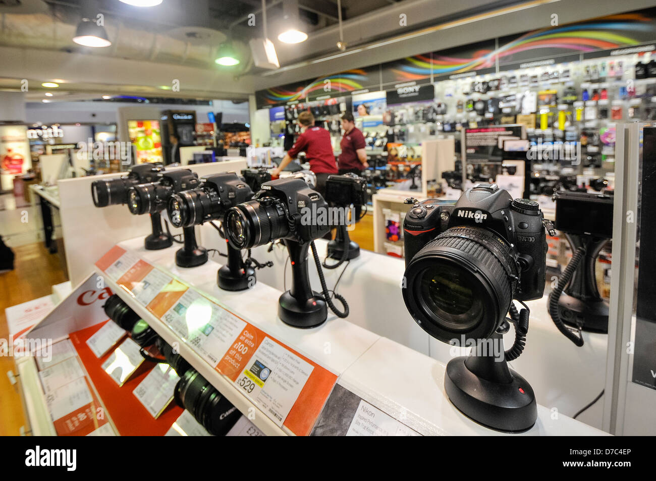 Cameras on sale in a Dixons Travel airport shop. Stock Photo