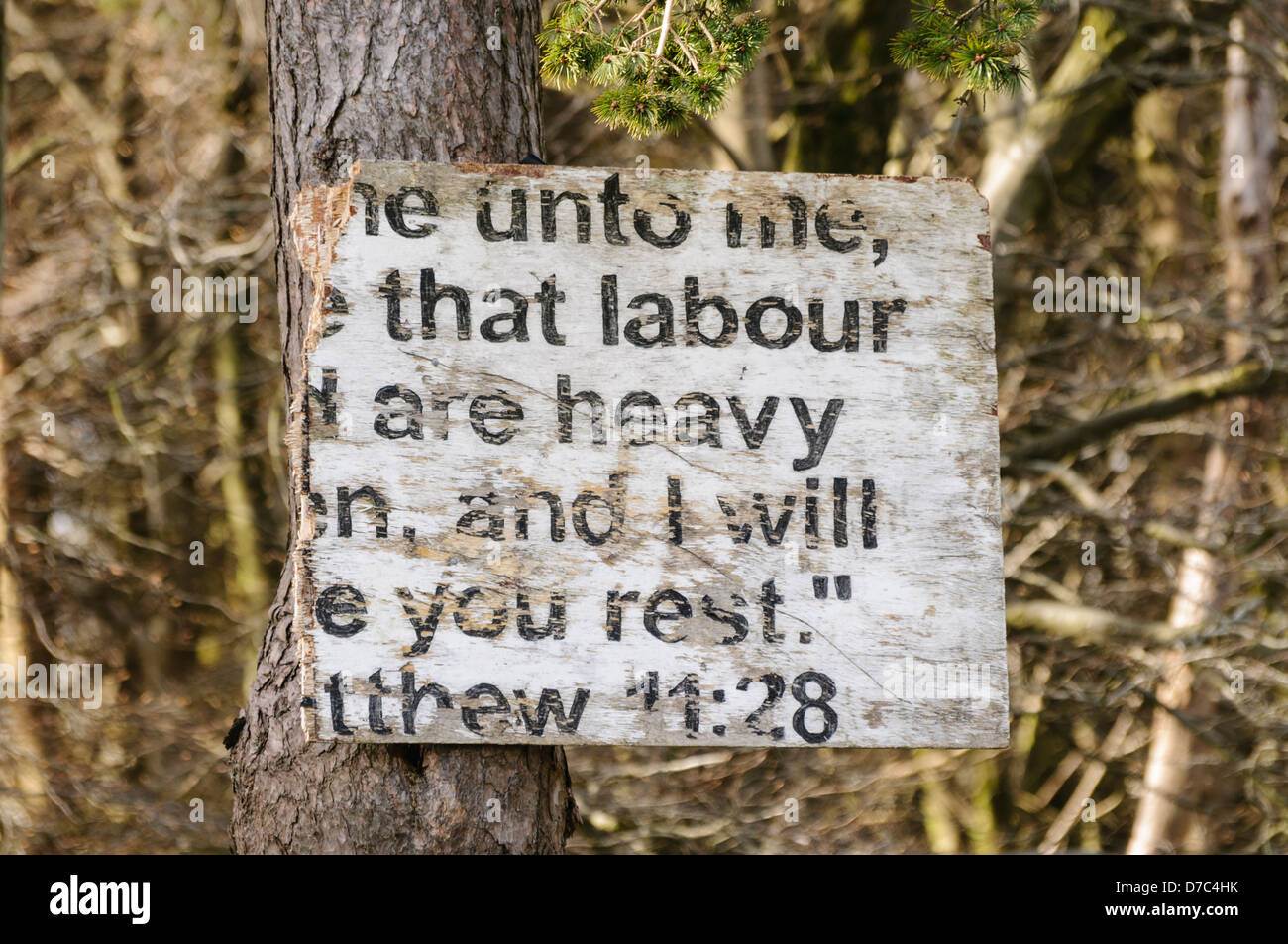Broken religious sign typical of many erected in rural Protestant areas of Northern Ireland. Stock Photo
