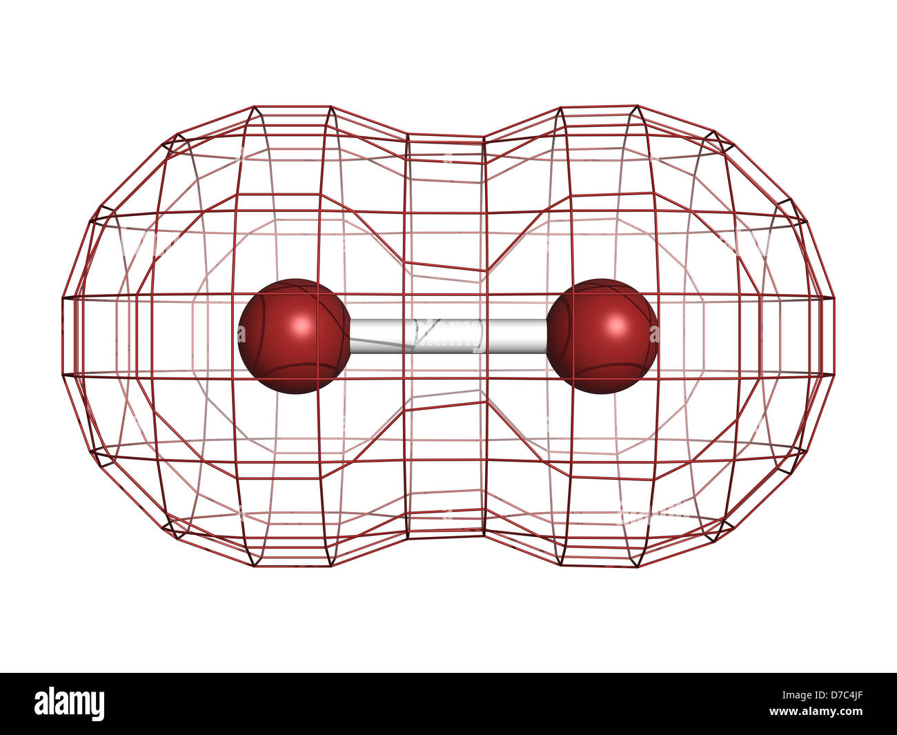 Elemental bromine (Br2), molecular model. Atoms are represented as spheres with conventional color coding: bromine (brown) Stock Photo