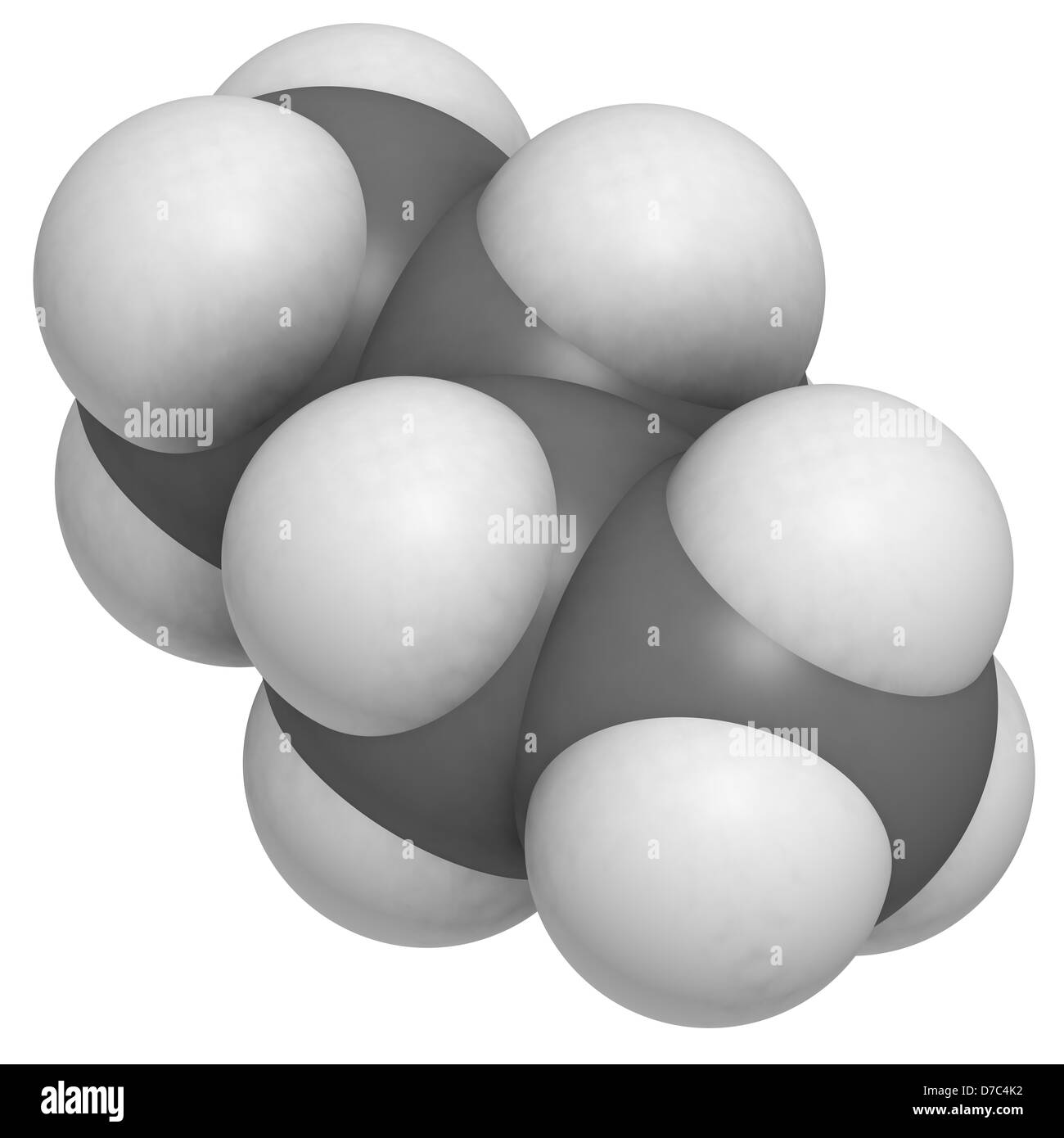 Butane, molecular model. Atoms are represented as spheres with