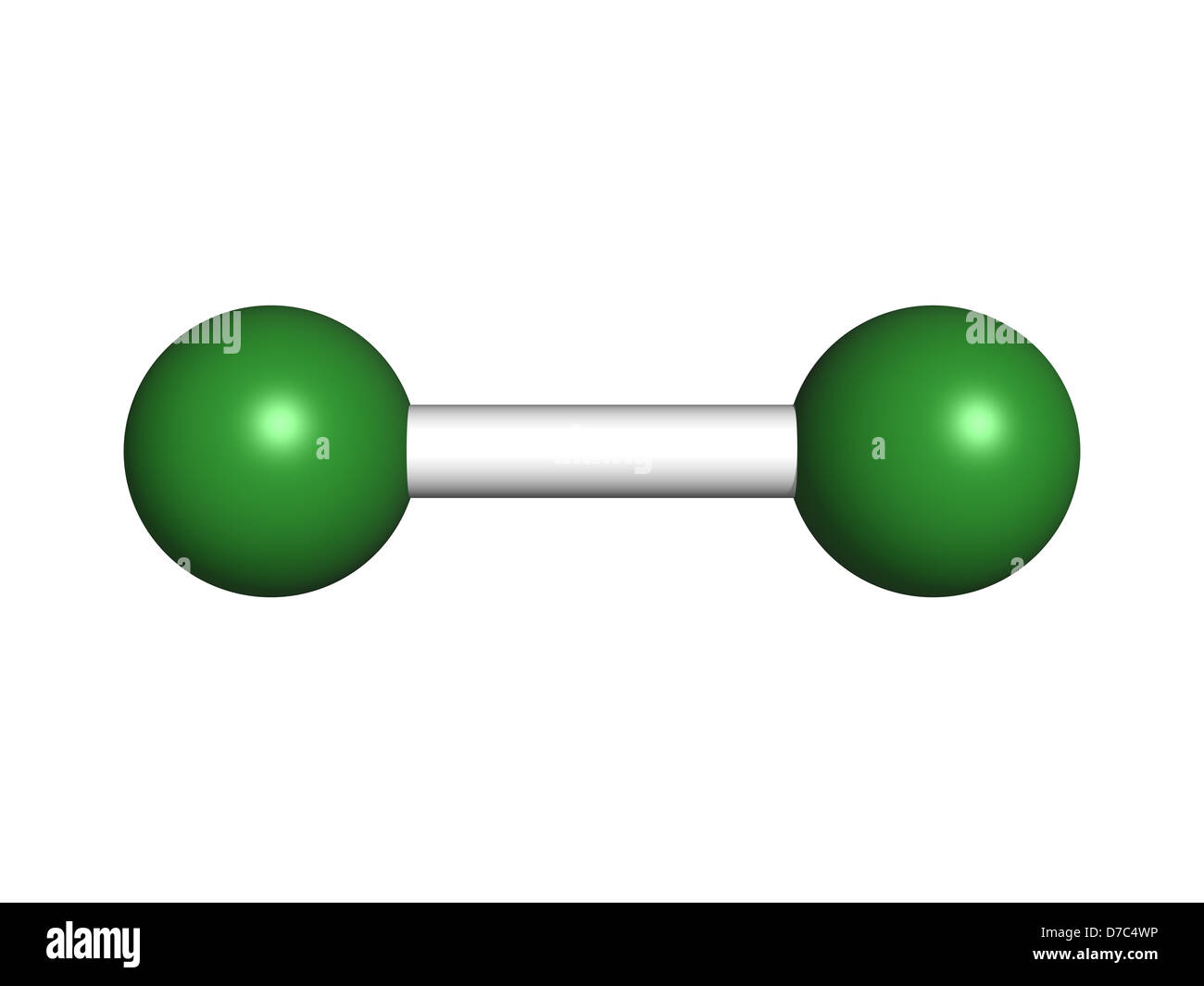 Elemental chlorine (Cl2), molecular model. Atoms are represented as spheres with conventional color coding: chlorine (green) Stock Photo