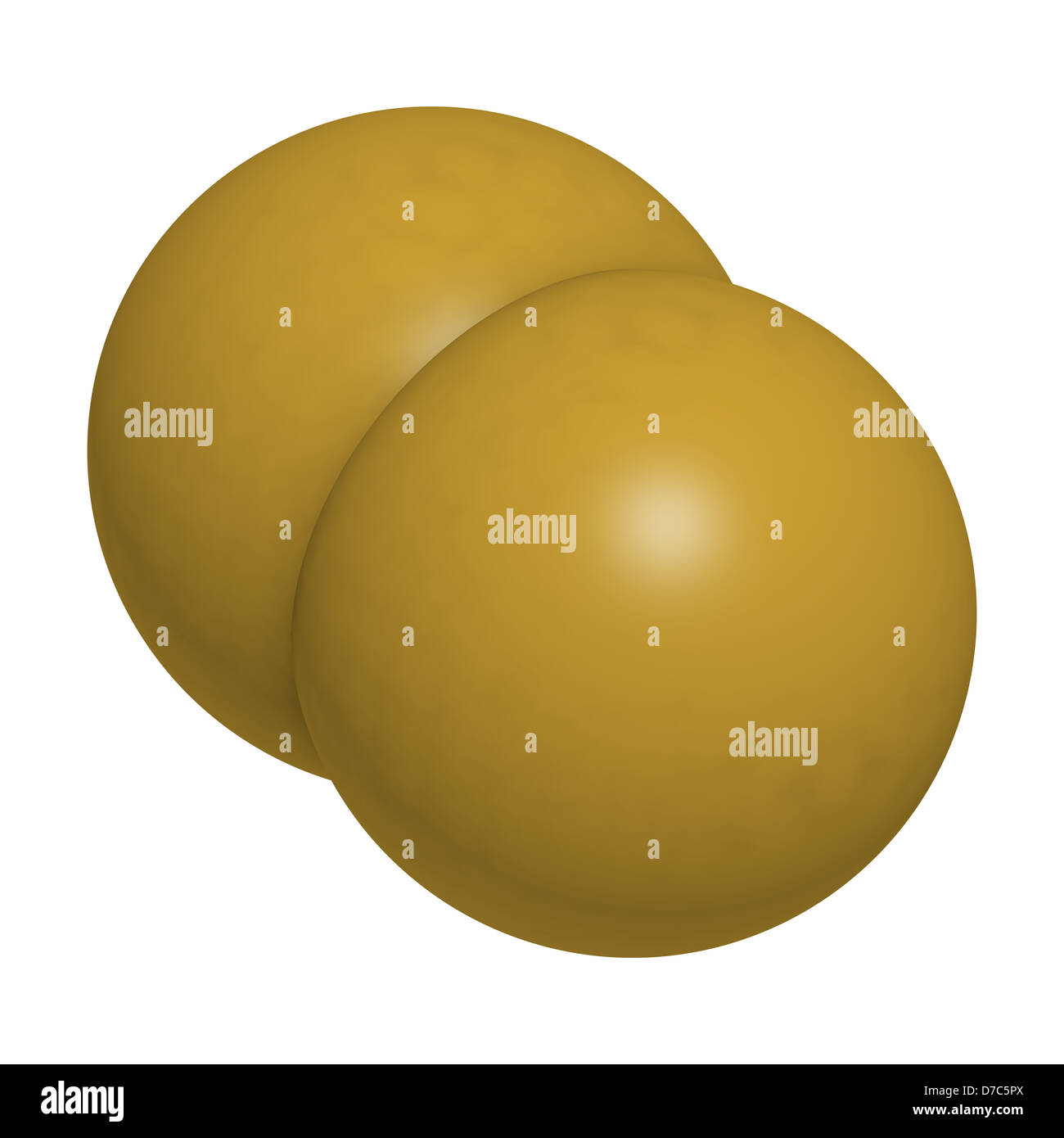 Elemental fluorine (F2), molecular model. Atoms are represented as spheres with custom color coding: fluorine (yellow) Stock Photo