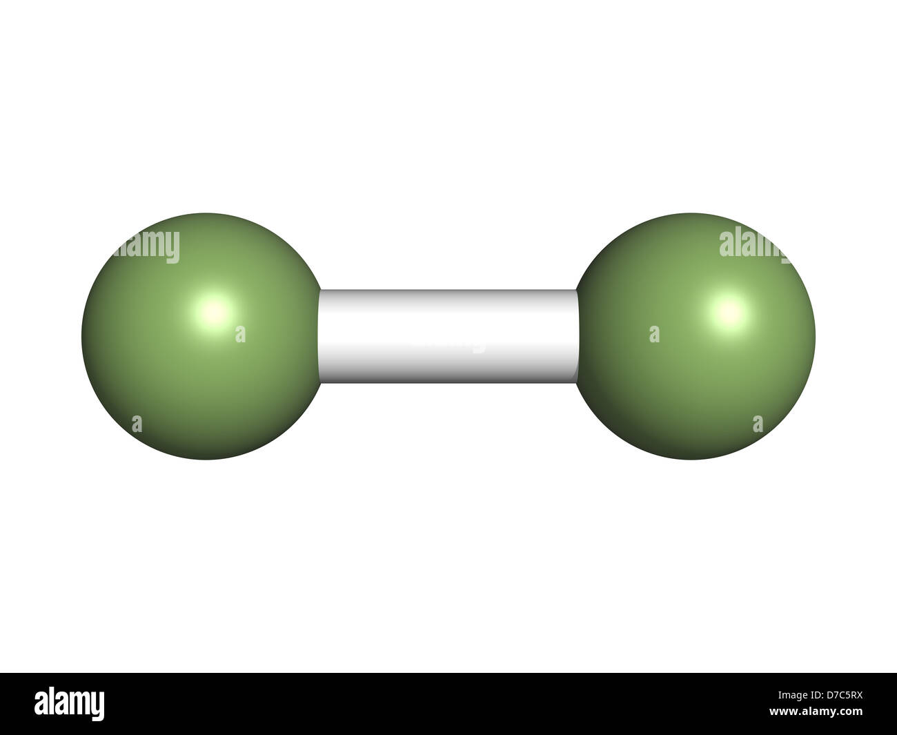 Elemental fluorine (F2), molecular model. Atoms are represented as spheres with custom color coding: fluorine (green) Stock Photo