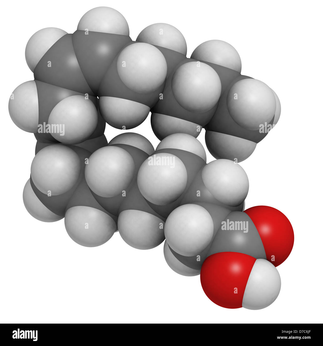 Omega-6 unsaturated fatty acid (linoleic acid, LA), molecular model. Atoms are represented as spheres. Stock Photo