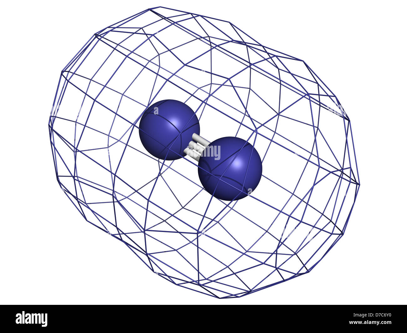 Elemental nitrogen (N2), molecular model. Nitrogen gas is the main