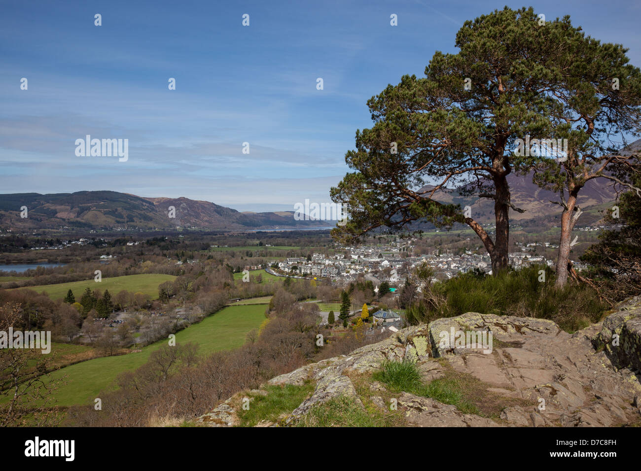 Looking over Keswick, towards Bassenthwaite Lake from Castlehead Wood viewpoint, south of Keswick, Lake District, Cumbria Stock Photo